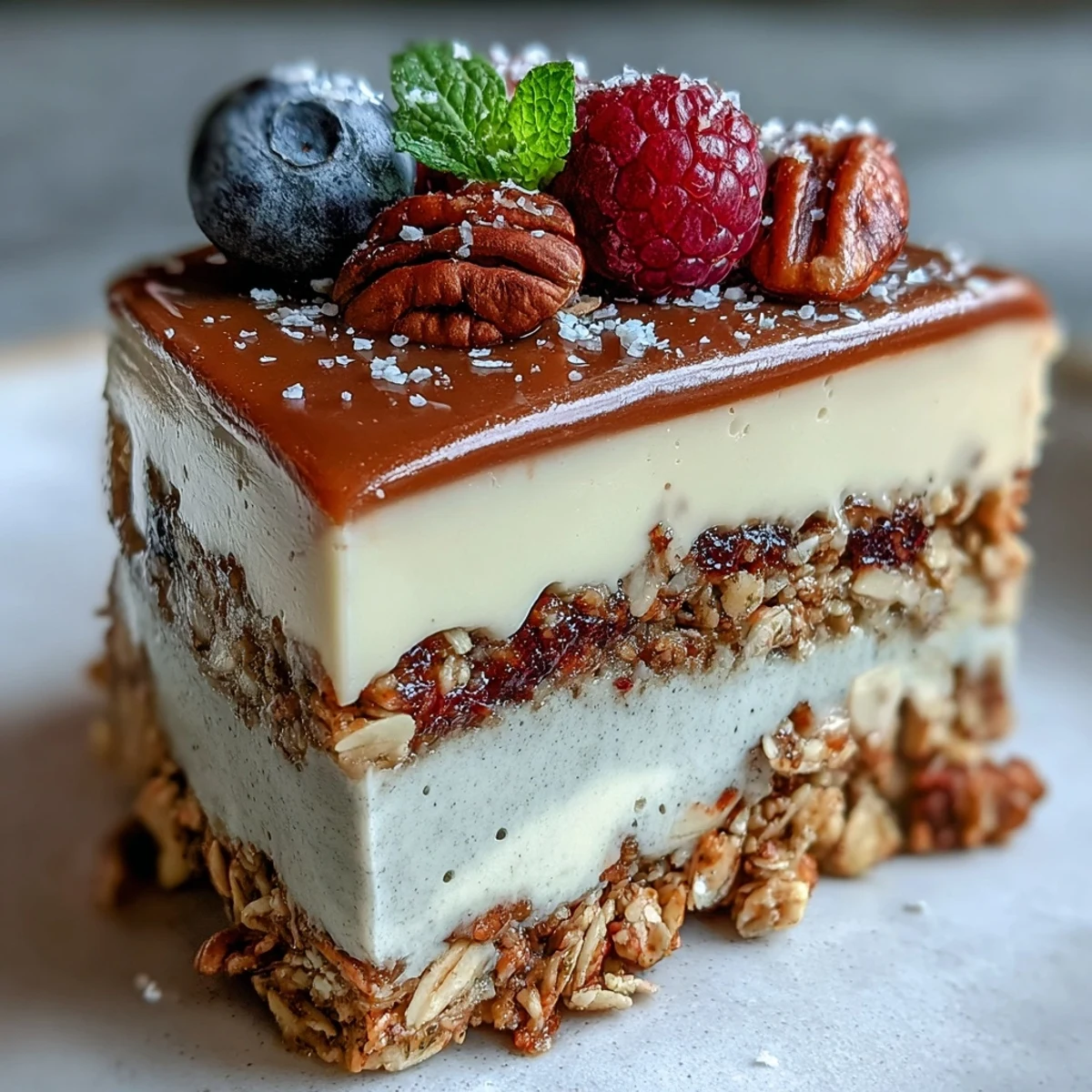 Brightly lit Hojicha Panna Cotta Parfait in a clear glass, revealing layers of roasted green tea cream, fresh berries, and crunchy granola.  