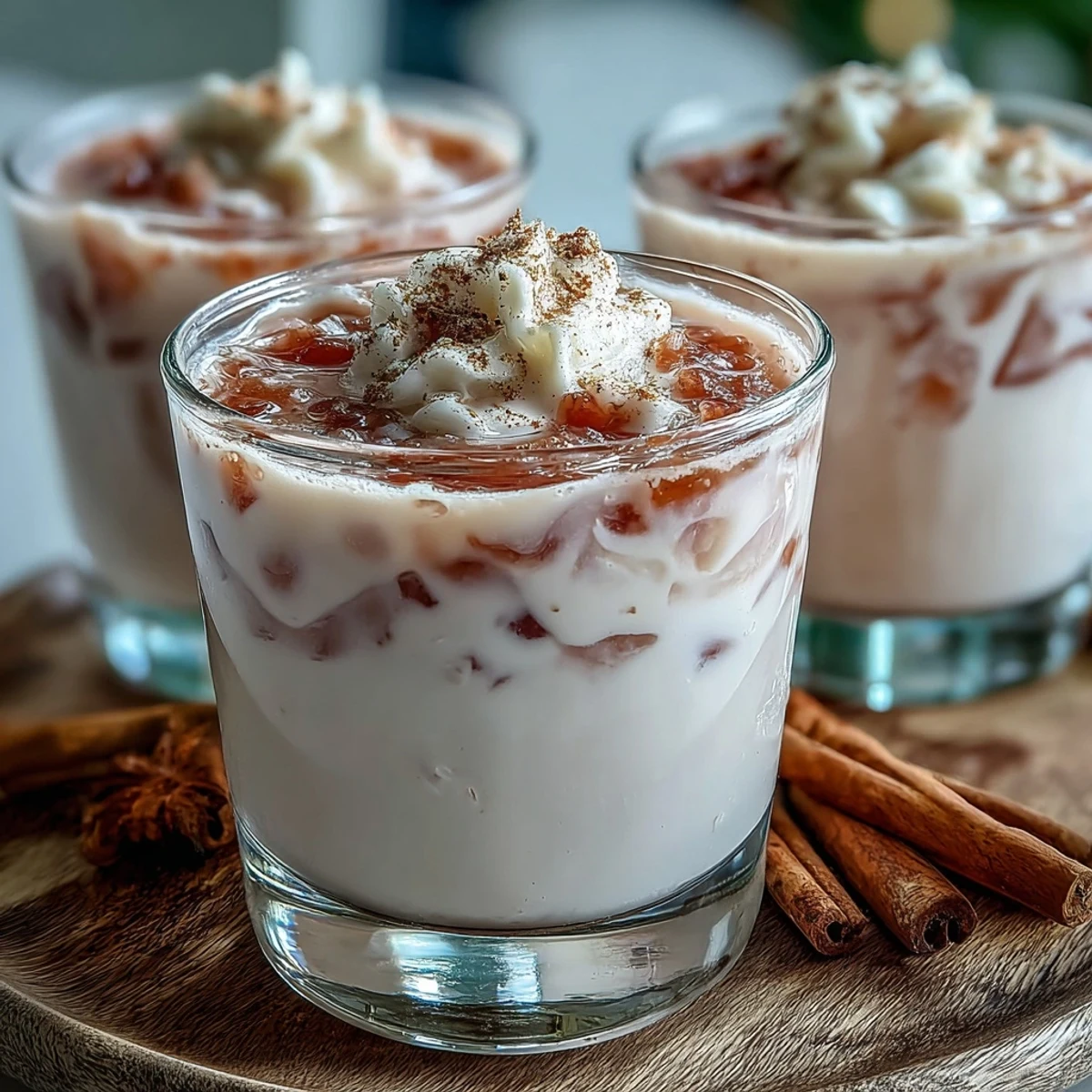 Creamy Guava Coquito in a glass, garnished with cinnamon stick and tropical pink hue.