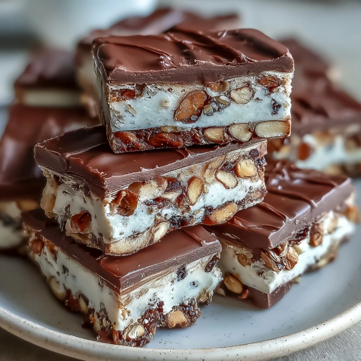 A chewy hojicha nougat candy studded with roasted almonds and pistachios, perfect for gifting or tea time.