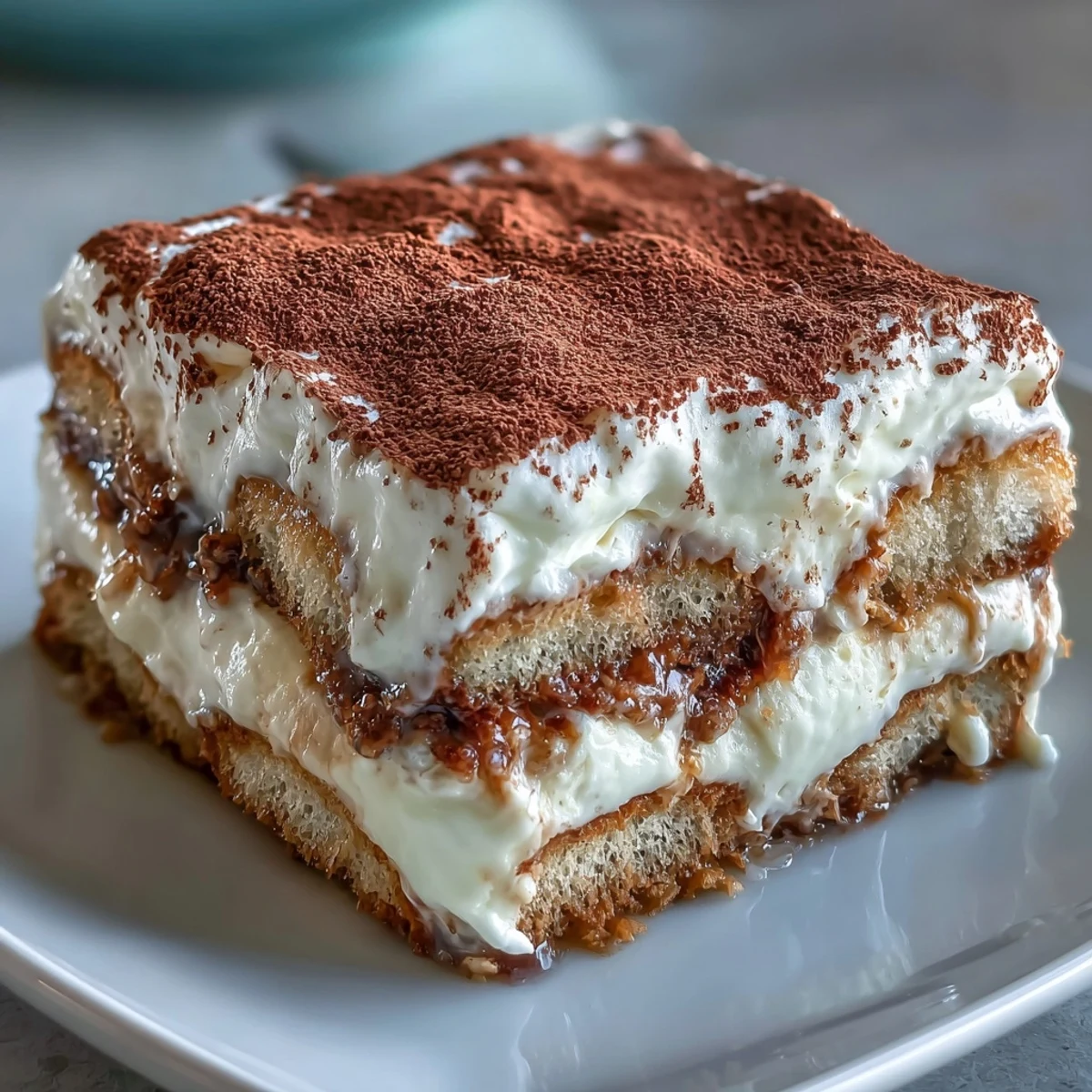 Aromatic hojicha tiramisu with creamy mascarpone layers and dusted cocoa powder in a glass dish.  