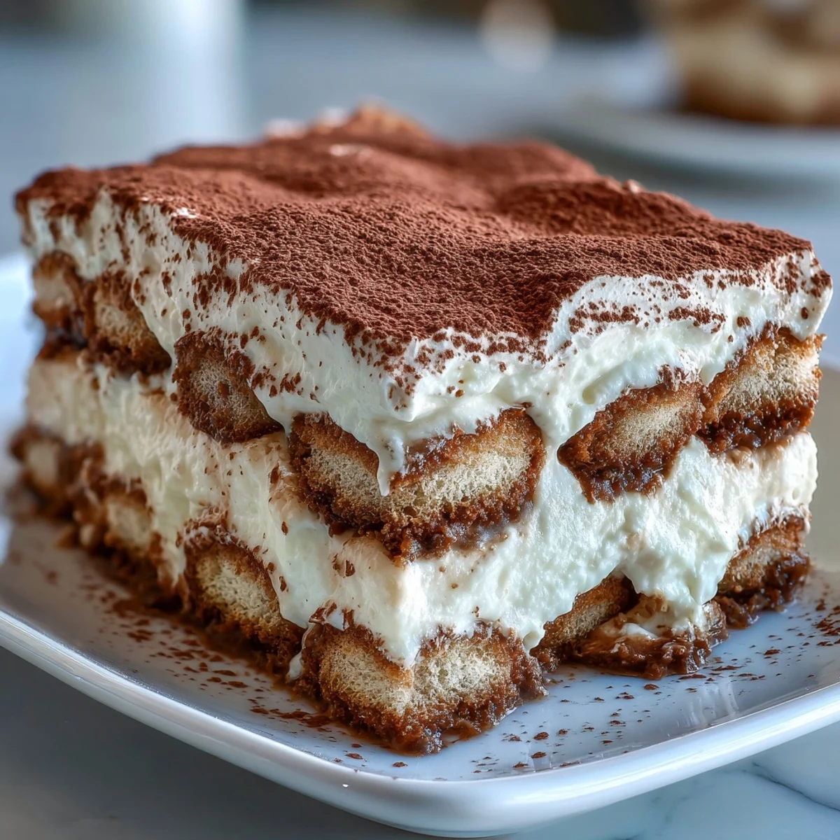 Layers of espresso-soaked ladyfingers alternate with hojicha-infused mascarpone cream in a classic tiramisu presentation.  