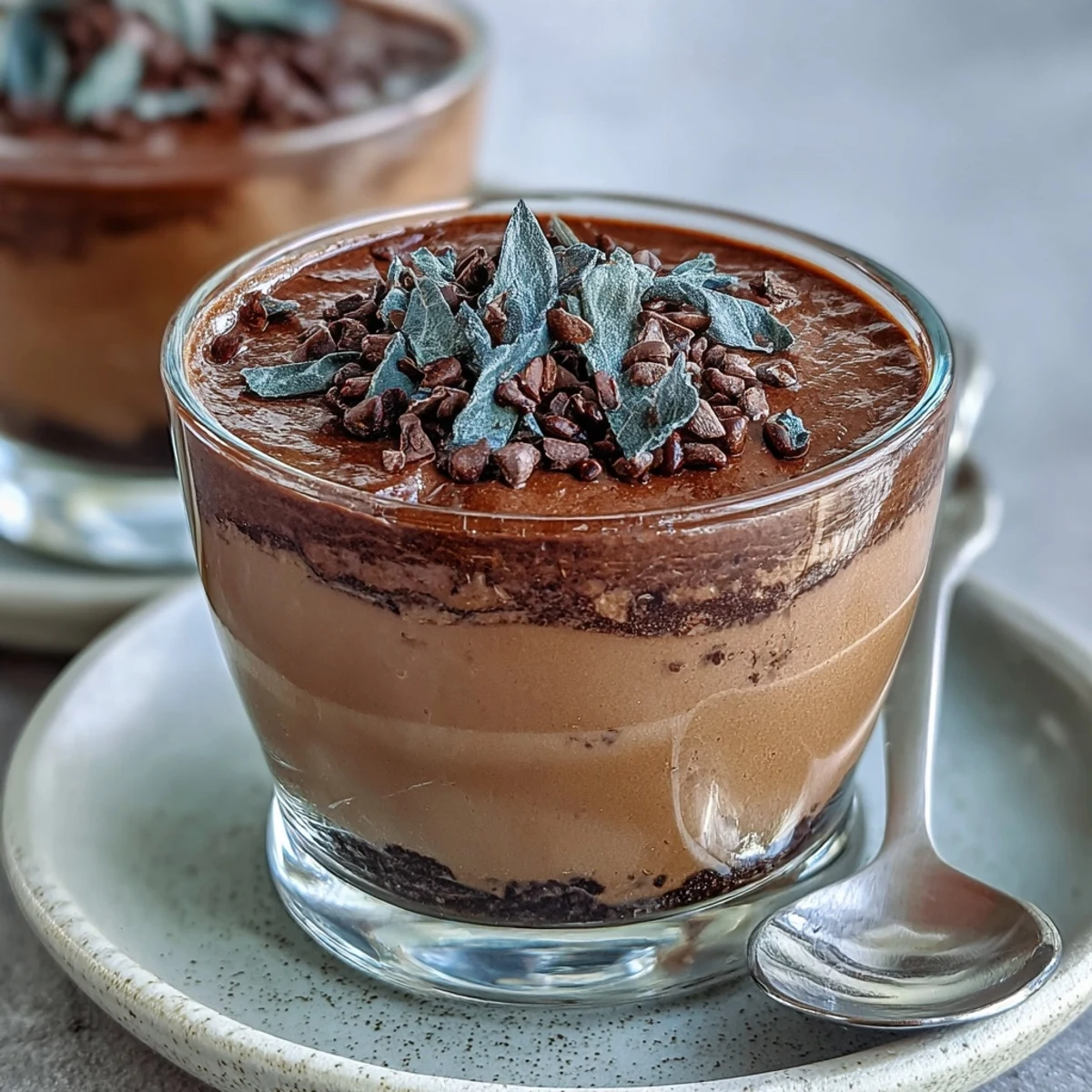 A silky hojicha mousse with delicate roasted tea aroma, served in elegant glasses with a light dusting of cocoa powder.