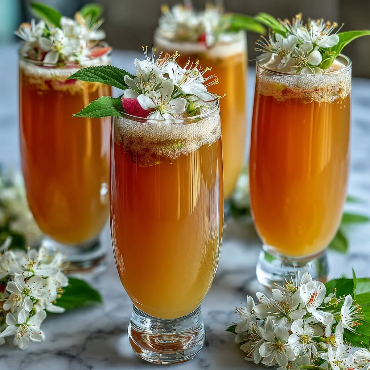 A sparkling elderflower guava mimosa cocktail served in elegant champagne flutes with edible flowers.