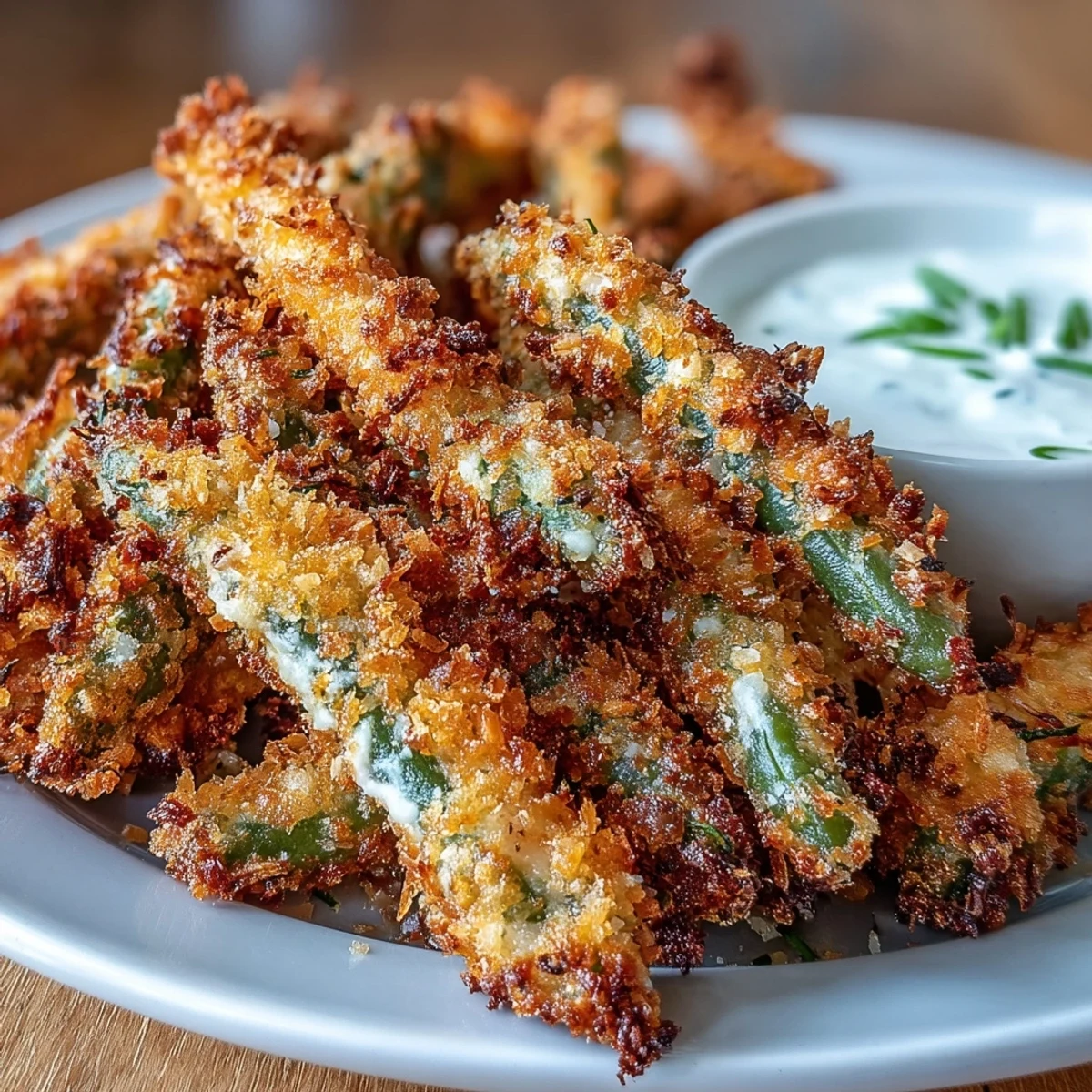 Crispy green bean fries cooked in the air fryer, golden and crunchy, served with a creamy ranch yogurt dip.  