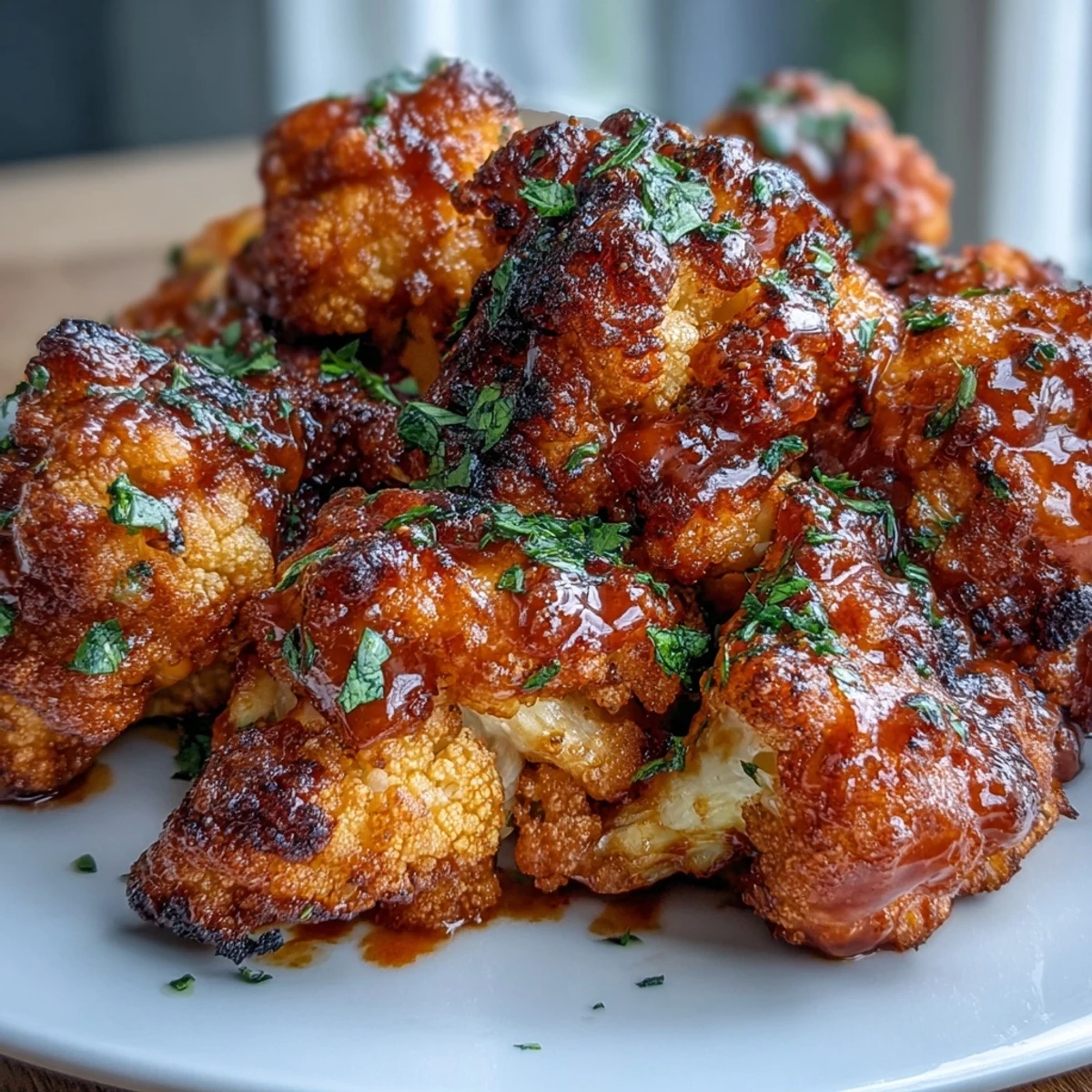 Golden-brown cauliflower florets coated in seasoned batter and drizzled with tangy Buffalo sauce, served with celery sticks.  