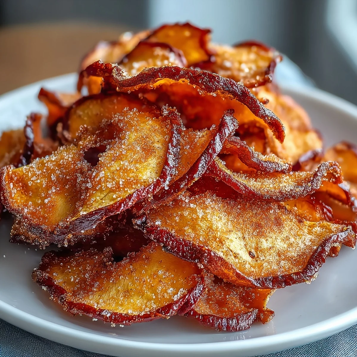 Air fryer apple chips dusted with cinnamon sugar, golden and crisp for a wholesome snack.
