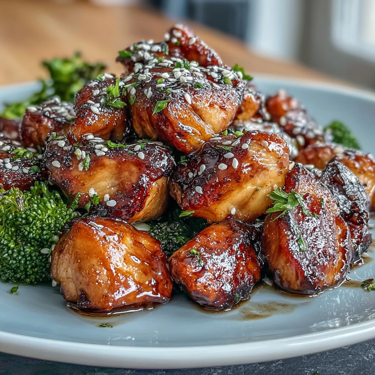 Crispy air fryer honey garlic chicken bites glazed in a sweet and savory sauce, served with tender broccoli florets.  