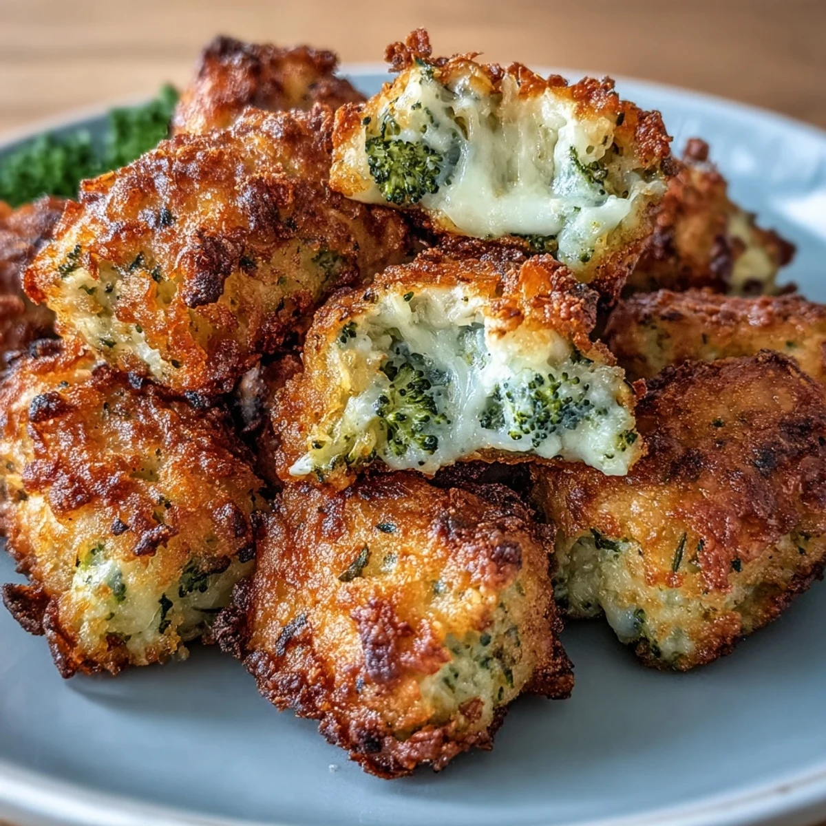Cheesy broccoli and cheddar tots cooked in the air fryer, served hot with a golden-brown crunchy coating.