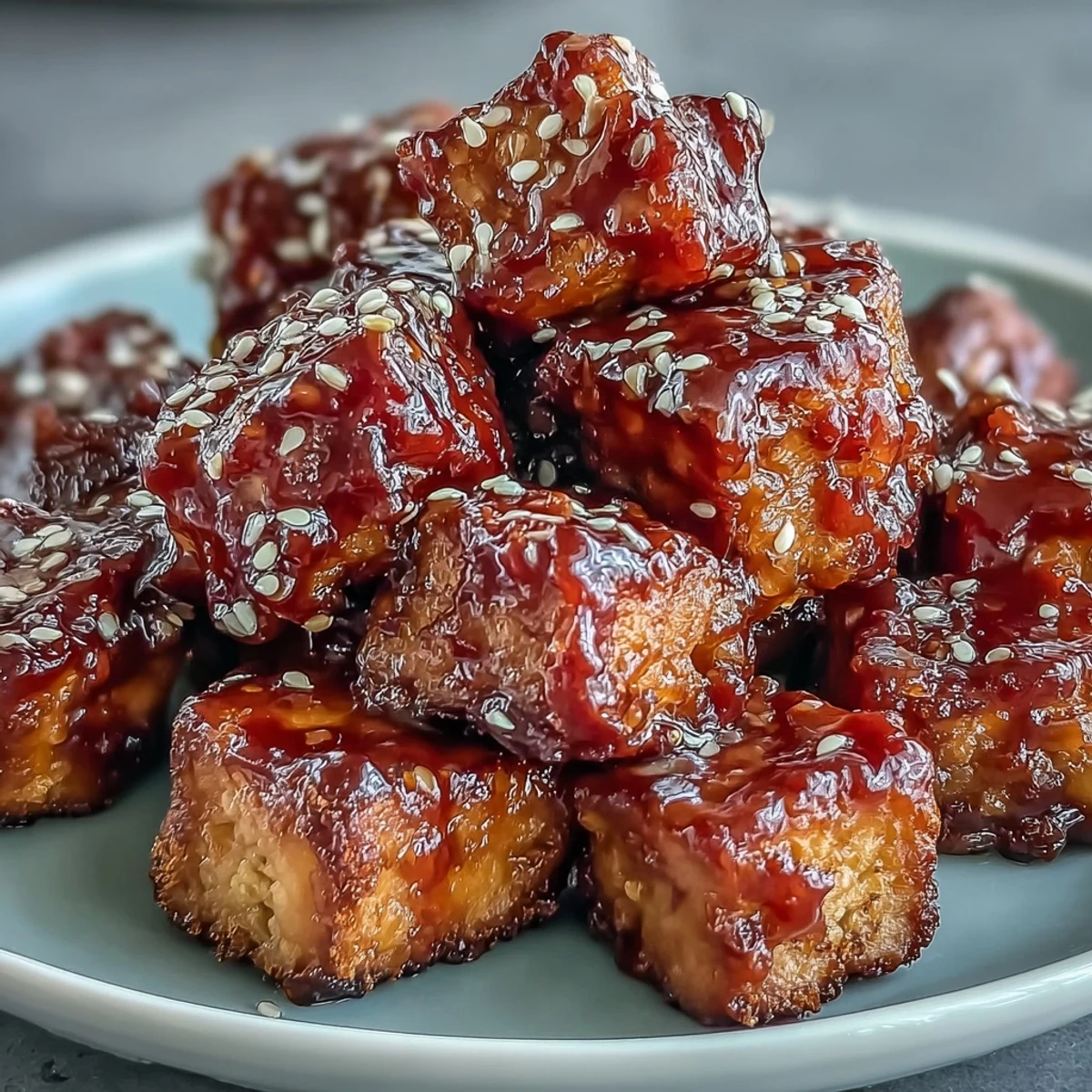 Crispy air fryer tofu nuggets coated in sweet chili sauce, garnished with sesame seeds and green onions.  