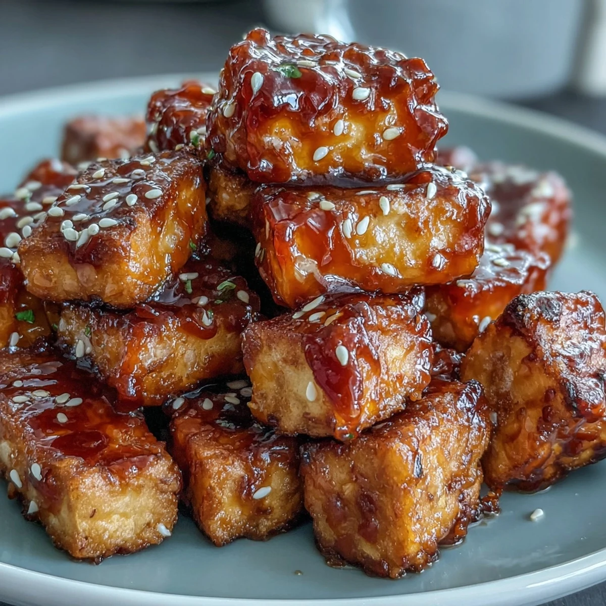 Golden tofu nuggets tossed in tangy sweet chili sauce, served as a flavorful appetizer or snack.  