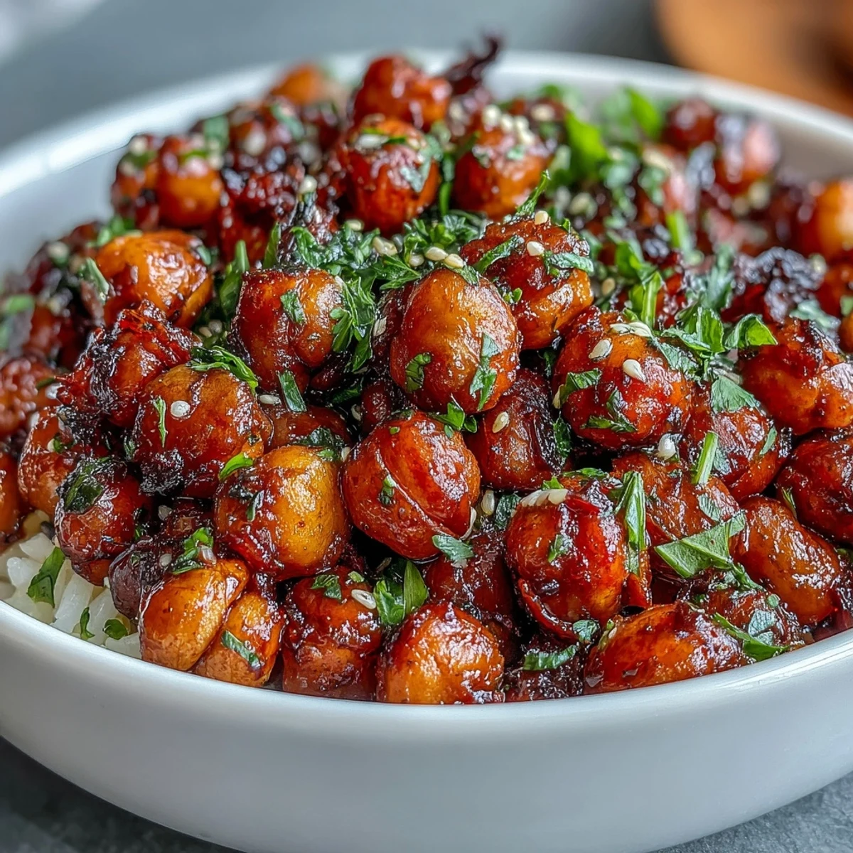 Aromatic jasmine rice topped with golden, crispy chickpeas tossed in spicy chili-garlic sauce.  