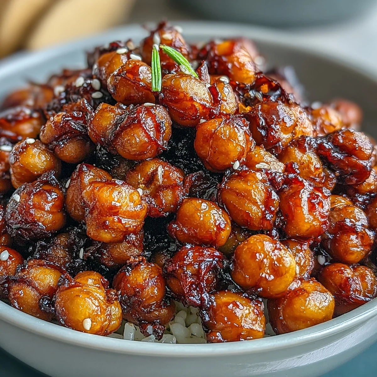 Spicy chili-garlic roasted chickpeas crown fragrant jasmine rice in this vibrant plant-based meal.