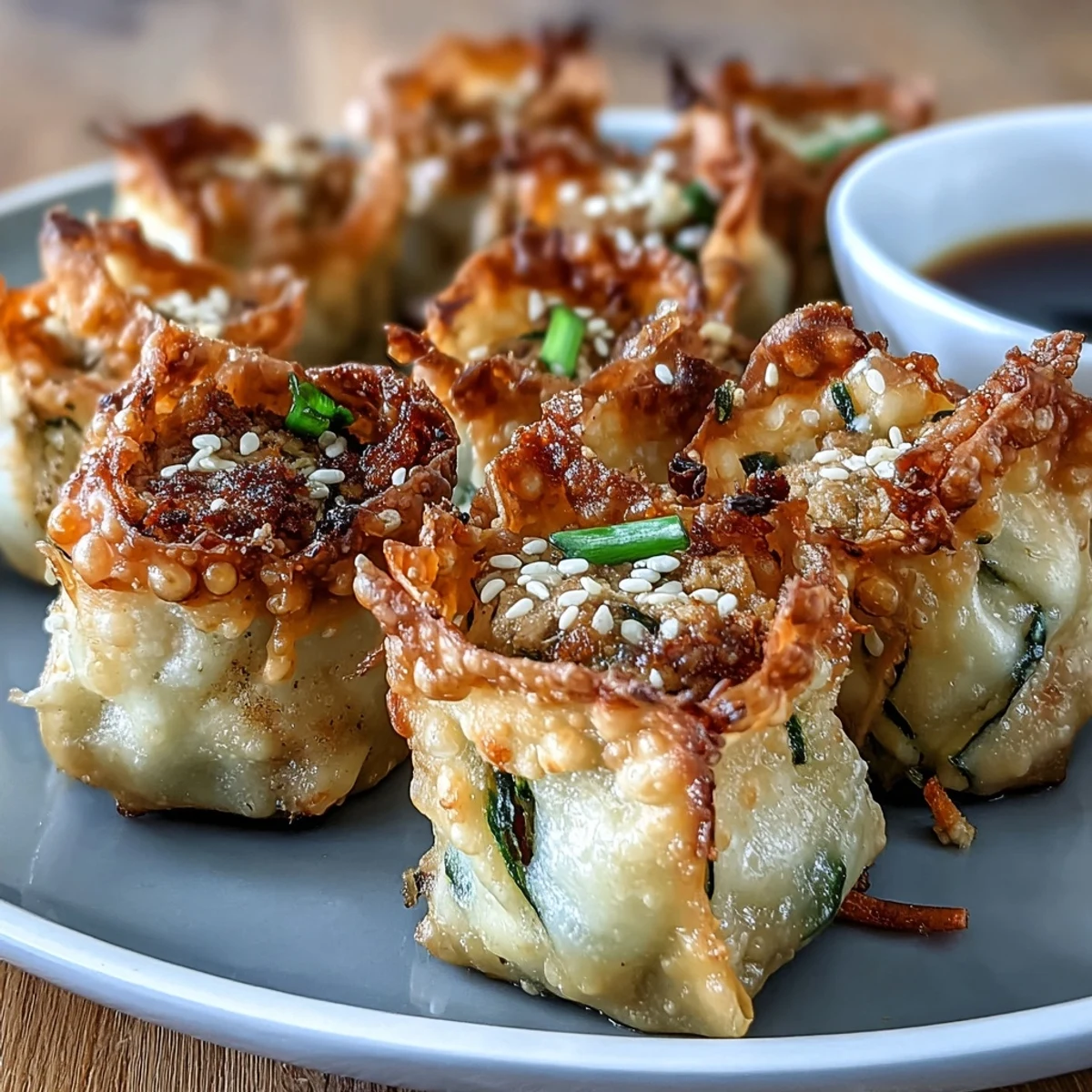 Golden-brown rice paper dumpling bites filled with seasoned chicken, carrots, and zucchini for a gluten-free appetizer.  