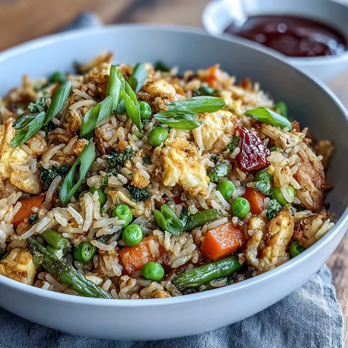 Vibrant fried rice with spring peas, carrots, and bell peppers, seasoned with ginger and soy sauce for a fresh, healthy meal.  