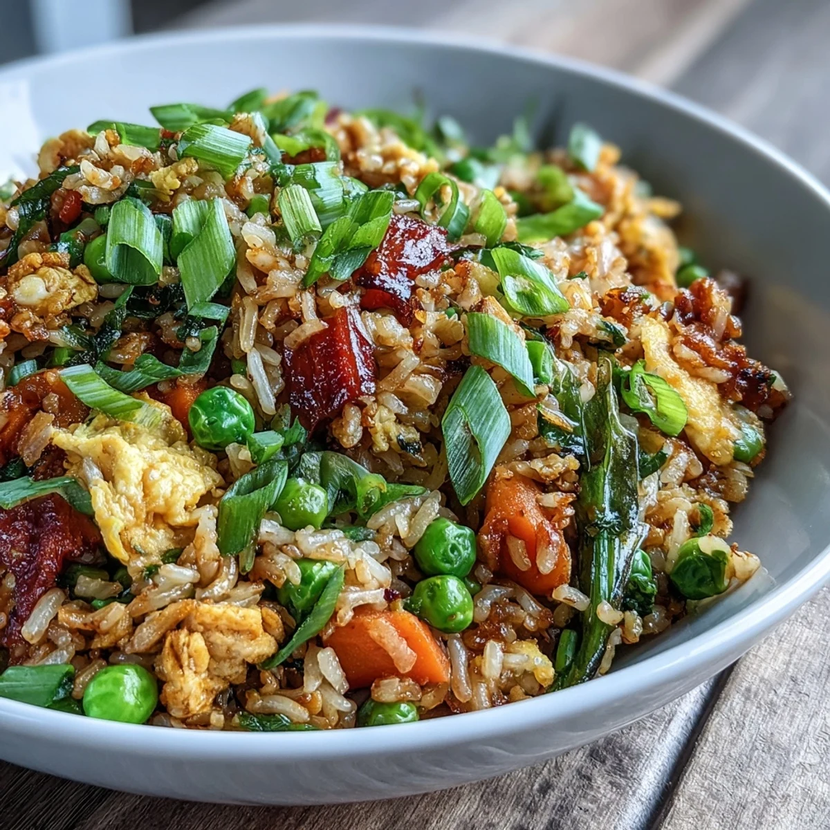 Colorful veggie-packed fried rice featuring crisp spring peas, carrots, and green onions, perfect as a quick, nourishing main dish.  