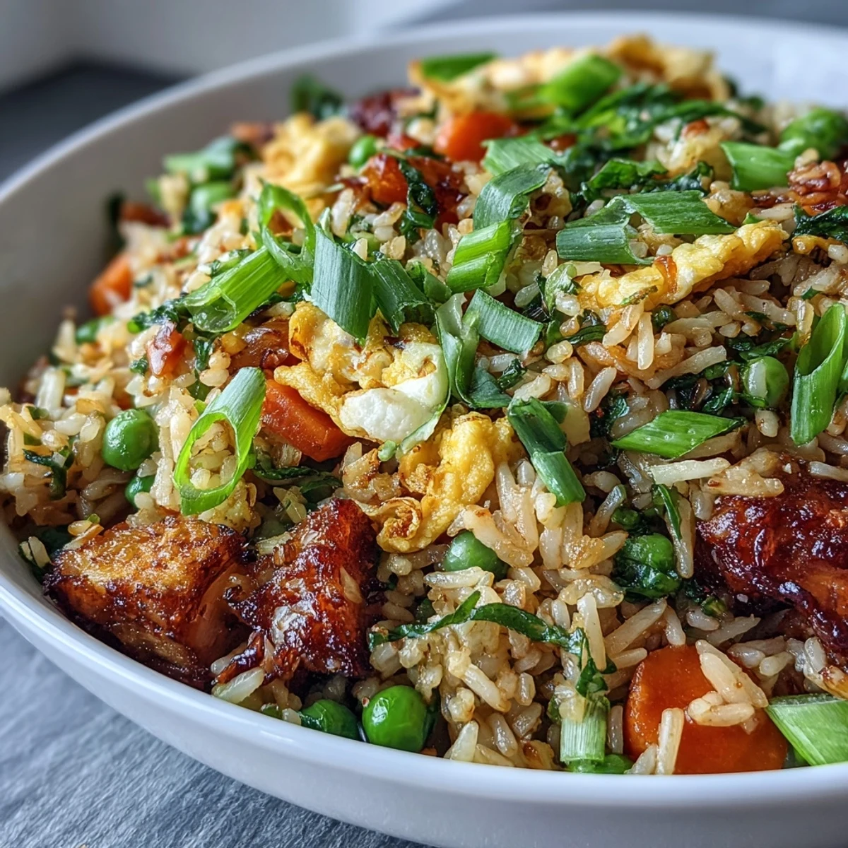 Healthy fried rice brimming with seasonal spring peas, carrots, and aromatic garlic, offering a satisfying vegetarian side or entrée.