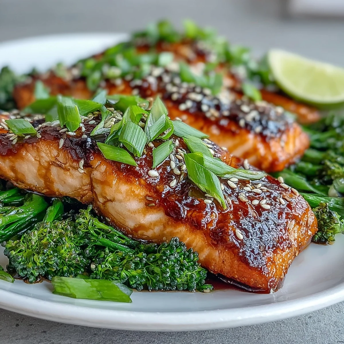 Succulent salmon fillets roasted with honey soy glaze, accompanied by sesame oil-tossed broccoli for a flavorful Asian-inspired meal.  