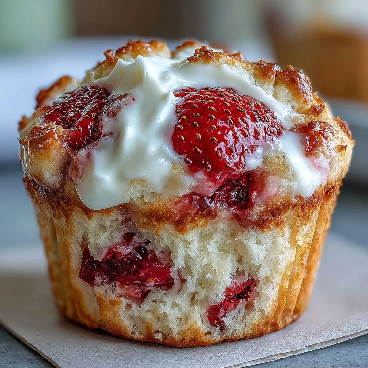 Delicious strawberry Greek yogurt muffins topped with juicy fresh berries and a golden crumb, perfect for a wholesome breakfast or snack.