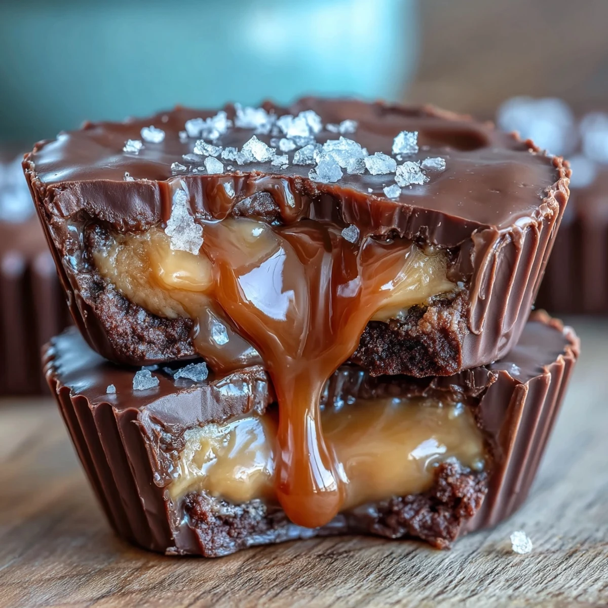 Decadent homemade peanut butter cups filled with salted caramel and topped with flaky sea salt.  