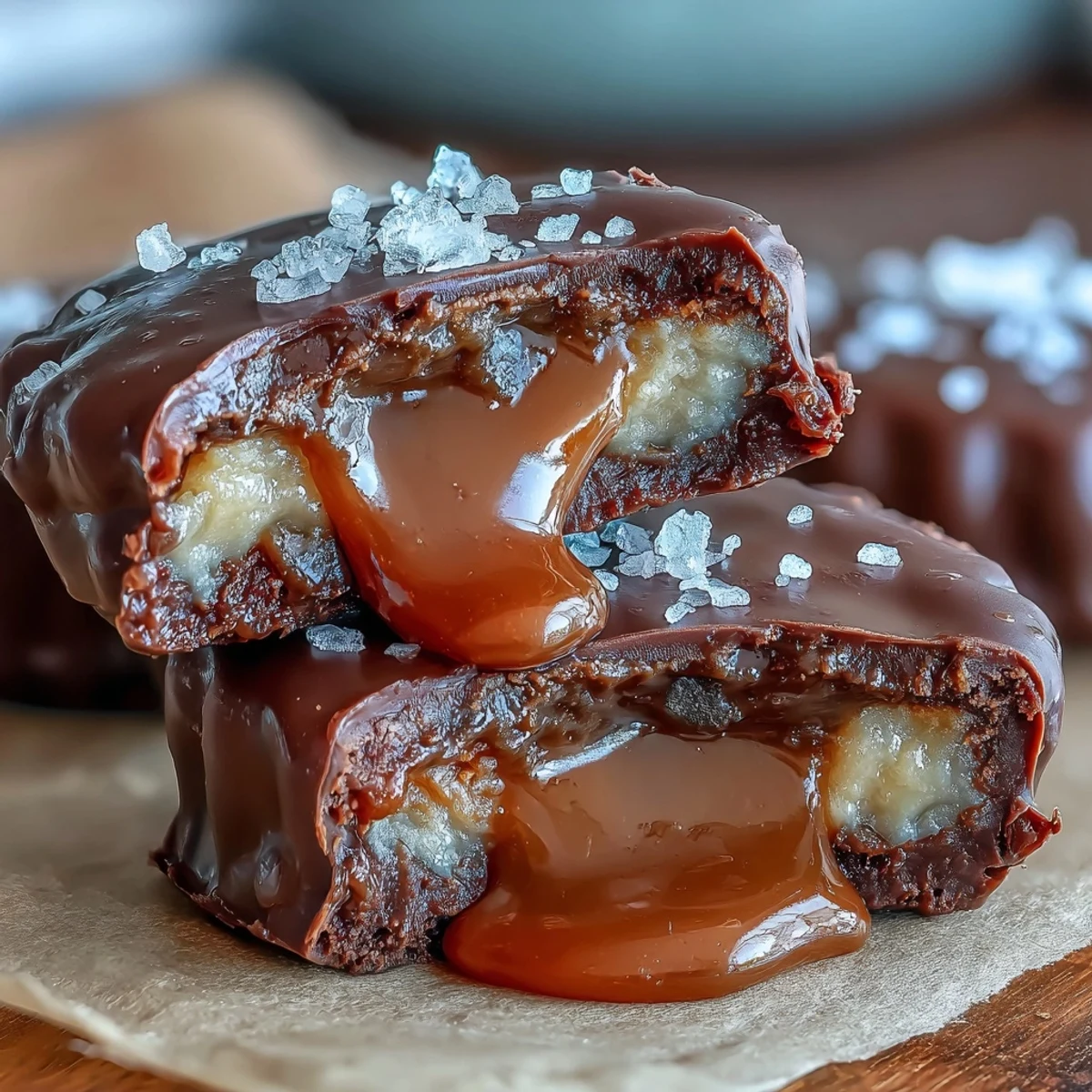 Sweet and salty homemade peanut butter cups featuring smooth caramel, chocolate coating, and flaky sea salt topping.