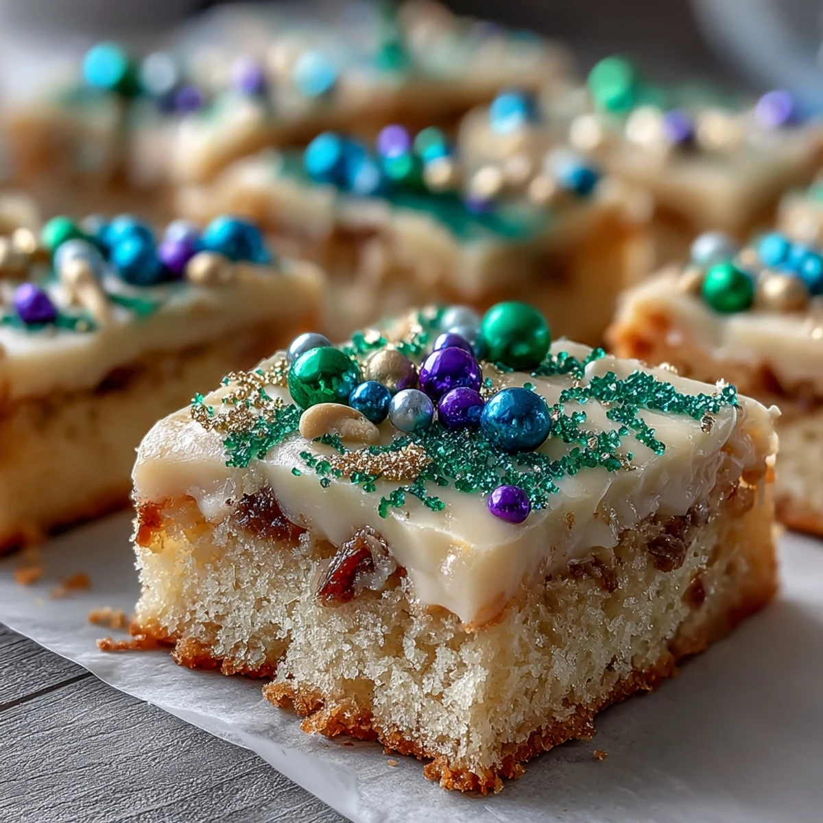 Festive King Cake Sugar Cookie Bars topped with colorful purple, green, and gold sprinkles for Mardi Gras parties.