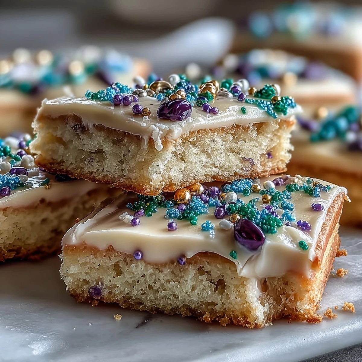 Soft and buttery King Cake Sugar Cookie Bars with lemon zest, cinnamon, and vibrant icing, perfect for celebrations.