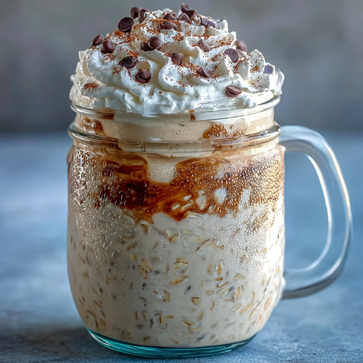 Creamy vanilla bean frappuccino overnight oats layered in a jar with espresso and chocolate chips for a café-inspired breakfast.