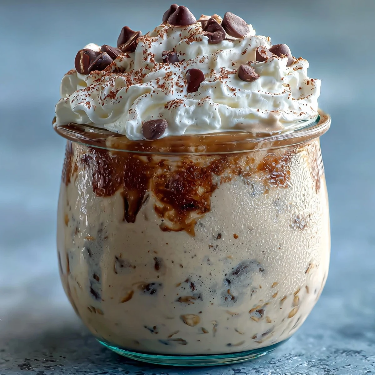 Vanilla-infused overnight oats with chia seeds and Greek yogurt, topped with whipped cream and a dusting of espresso powder.