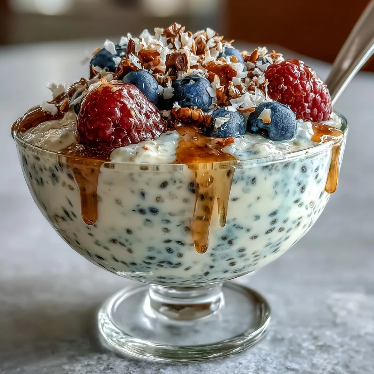 A light and creamy chia pudding made with Greek yogurt, vanilla bean, and almond milk, garnished with sliced banana and granola for crunch.