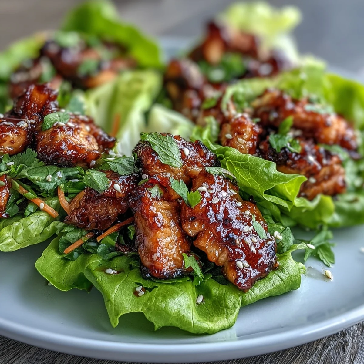 Fresh lettuce wraps filled with teriyaki chicken, pineapple, and crisp vegetables for a light Asian-inspired meal.  