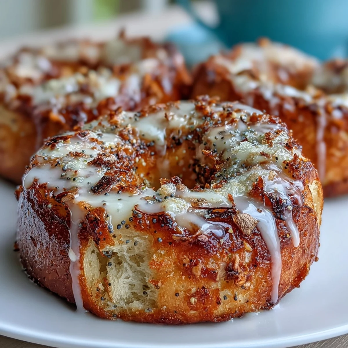 Fluffy homemade bagels bursting with lemon zest and poppy seeds, topped with a light, tangy lemon glaze for a protein-rich morning treat.