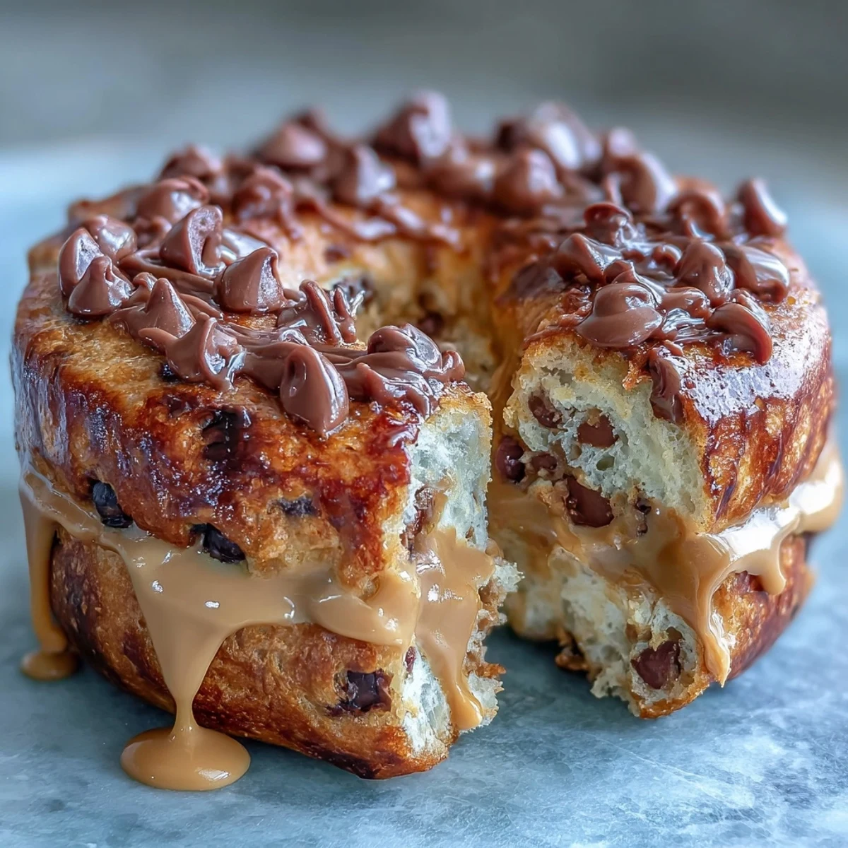 Warm, golden bagels studded with melty chocolate chips, topped with a glossy peanut butter drizzle for a protein-packed breakfast treat.  