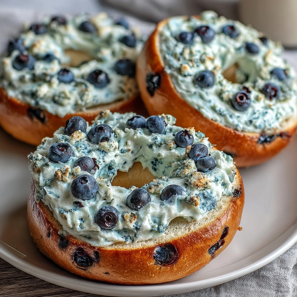 Soft, protein-packed bagels filled with juicy blueberries, topped with tangy Greek yogurt frosting for a nutritious treat.  