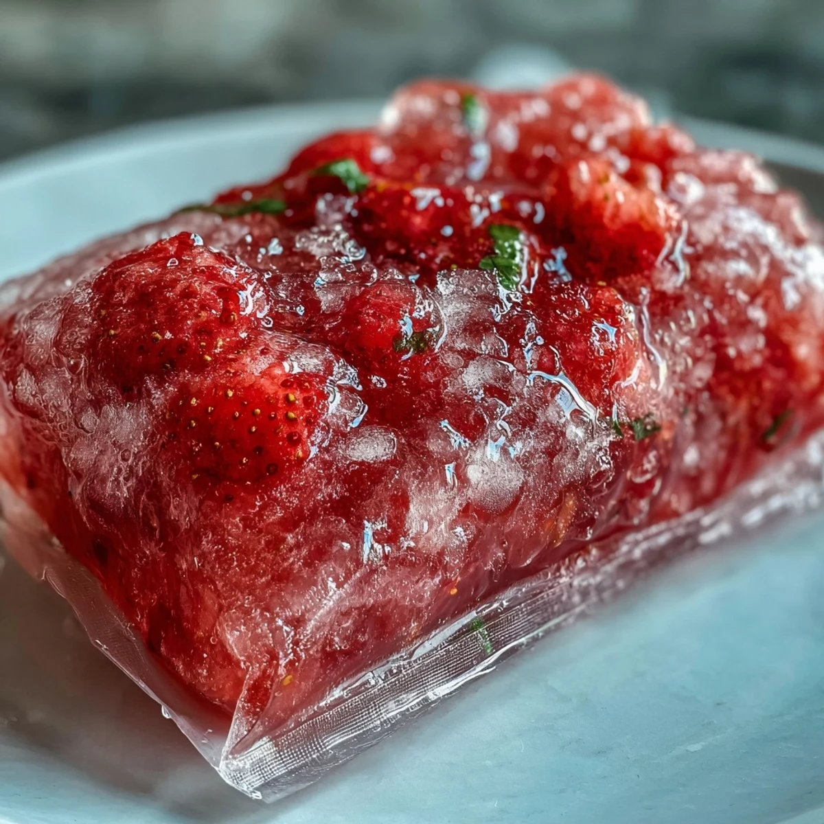 Icy strawberry pineapple daiquiri freezer pouches ready for parties, garnished with fresh fruit and served with a straw.