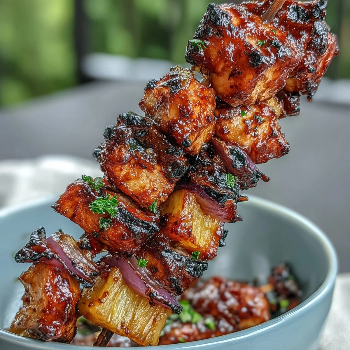 Juicy BBQ chicken and pineapple kebabs with charred red onion, glazed in smoky sauce for a vibrant summer cookout dish.  
