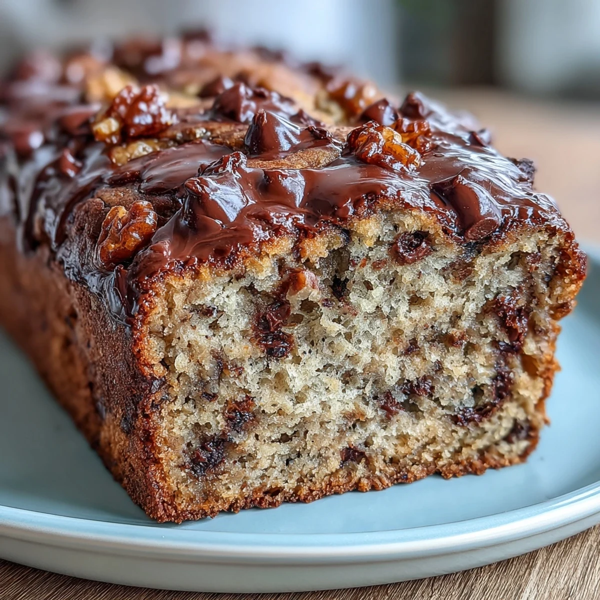 Moist chocolate chip protein banana bread with dark chocolate chunks and a golden crust, perfect for a healthy breakfast or snack.  
