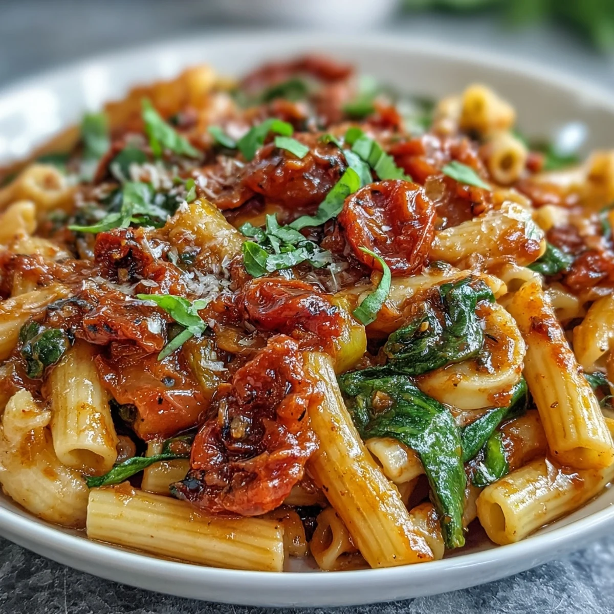 One-Pot Budget-Friendly Pasta with colorful vegetables and melted Parmesan in a savory broth.
