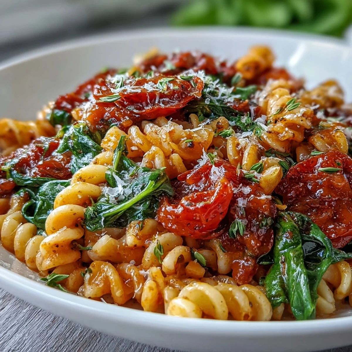 Comforting One-Pot Budget-Friendly Pasta topped with fresh spinach and a sprinkle of Parmesan cheese.