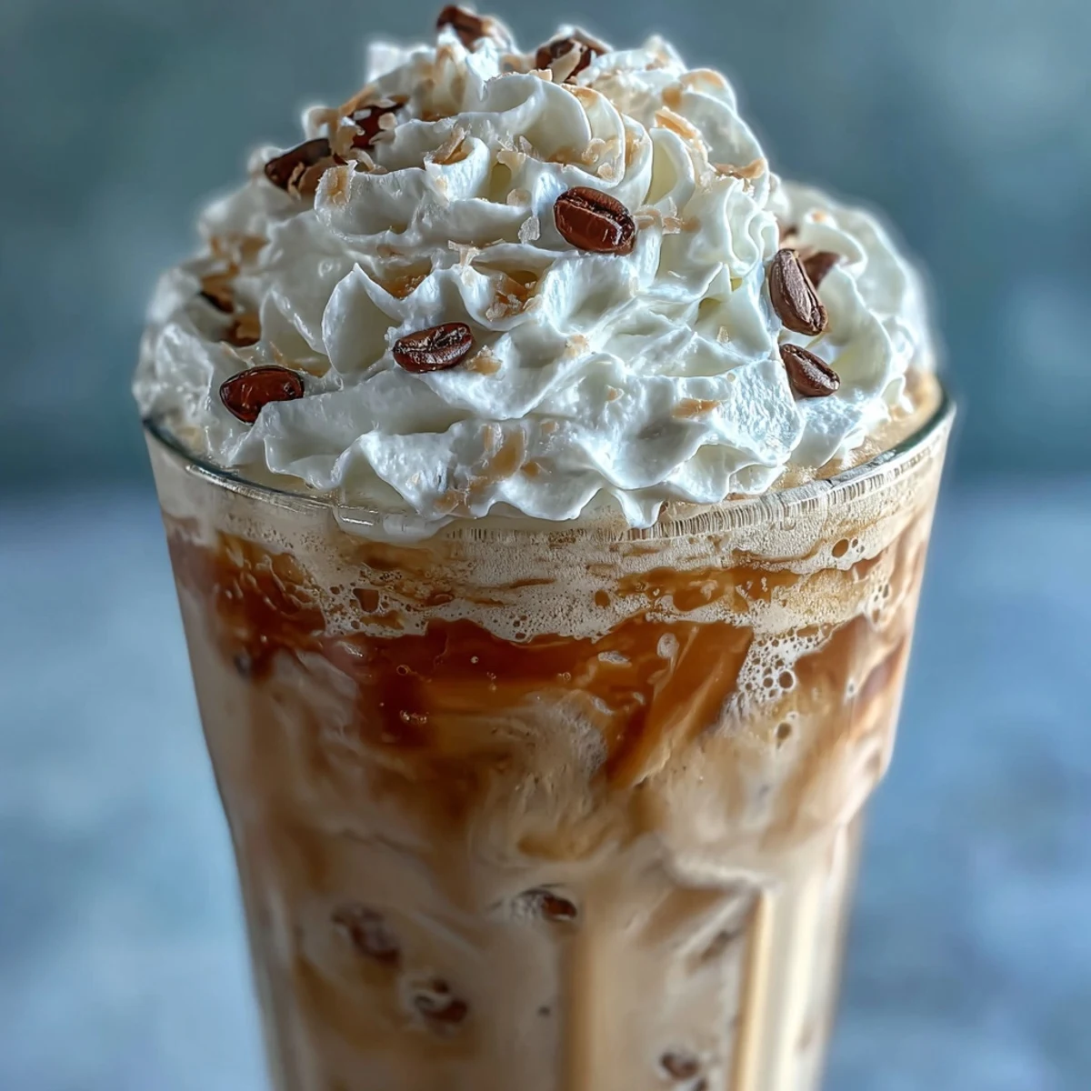 Creamy Iced Vanilla Bean Frappuccino topped with fluffy coconut whipped cream and vanilla bean specks.