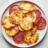 Savory charcuterie chips made with cured meats and cheese, baked until perfectly crunchy and delightful.