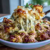 Baked chicken and rice casserole with sweet pineapple, tender vegetables, and golden melted cheddar cheese crust.  