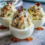 Adorable baby chick deviled eggs with creamy yolk filling, standing upright on a serving tray.  