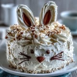 Whimsical Easter bunny cake with shimmering gold sprinkles and fluffy vanilla buttercream frosting.