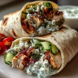 Tzatziki Chicken Wraps: juicy grilled chicken, cool tzatziki, fresh veggies, ready to eat.