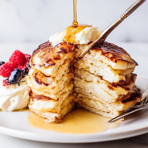 Fluffy Buttermilk Pancakes stacked high, golden brown with a side of syrup.  