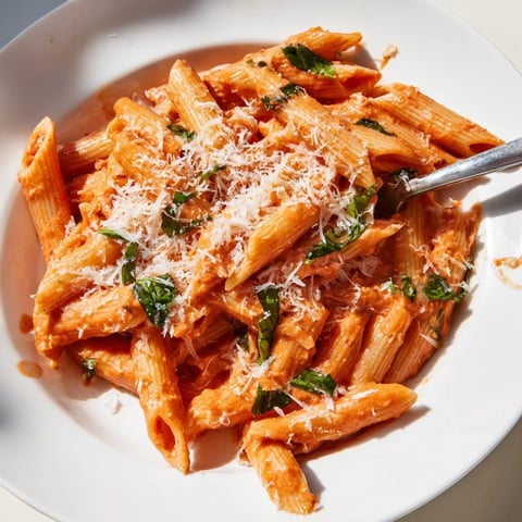 Creamy Tomato Basil Pasta tossed with penne, garnished with fresh basil and Parmesan.  