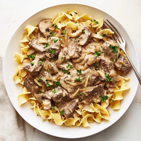 Tender beef stroganoff served over egg noodles with creamy mushroom sauce.  