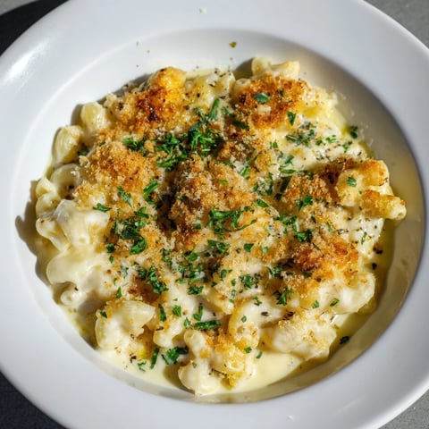 Golden, bubbly Truffle Macaroni & Cheese, a rich and creamy comfort food dish, ready to serve.