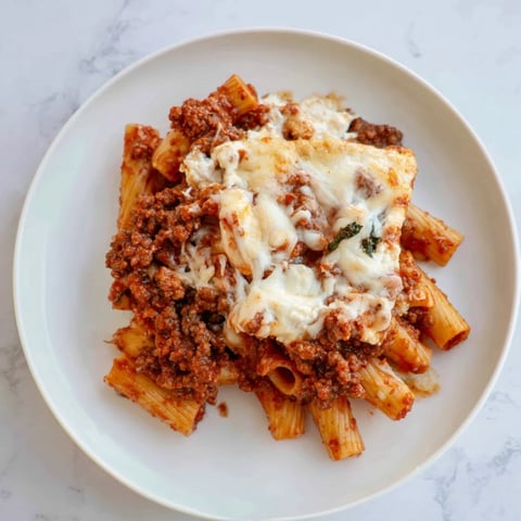 Baked Ziti with Meat Sauce bubbling hot from the oven, covered in melted mozzarella and parmesan cheese.