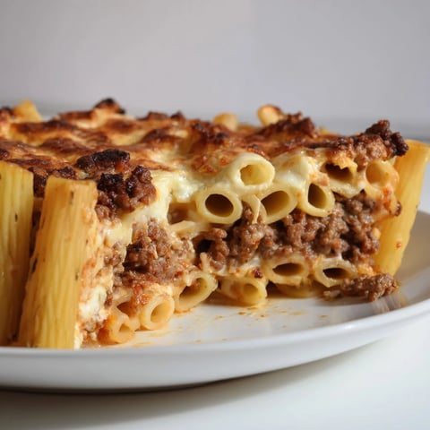 Golden-brown Greek Pastitsio, a comforting baked pasta dish with rich beef and creamy béchamel.
